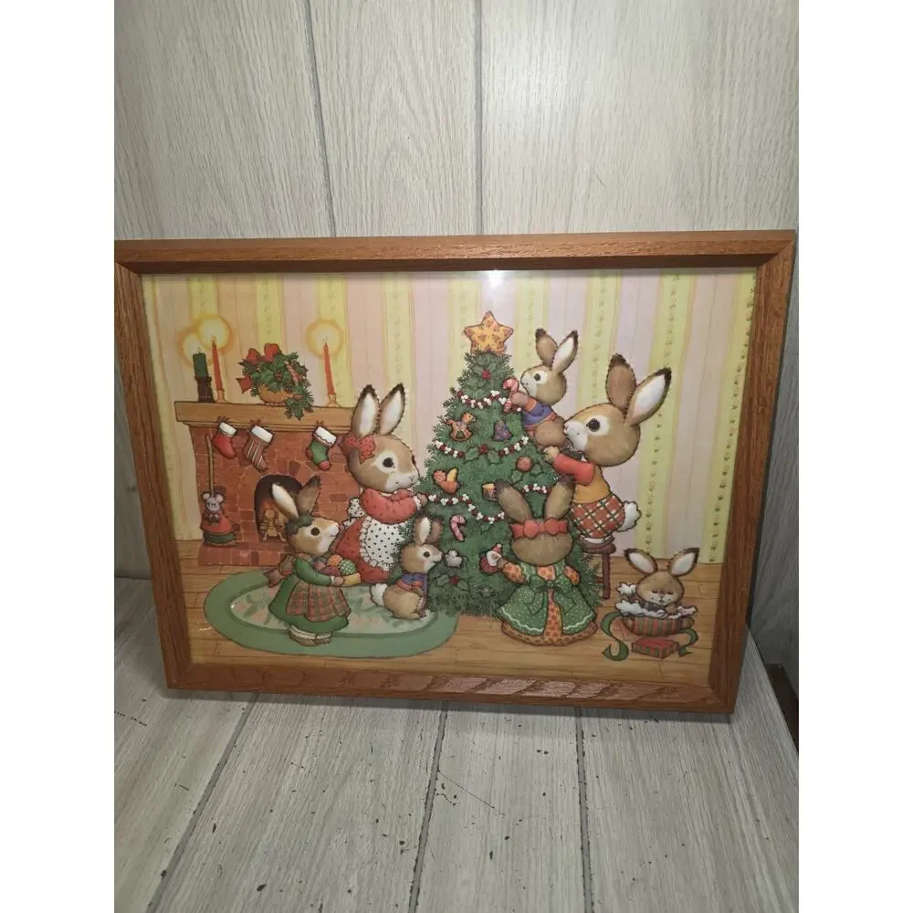 Vtg 80s Finished 3D Quilted Needle Craft Bunny Rabbit Family Christmas Framed